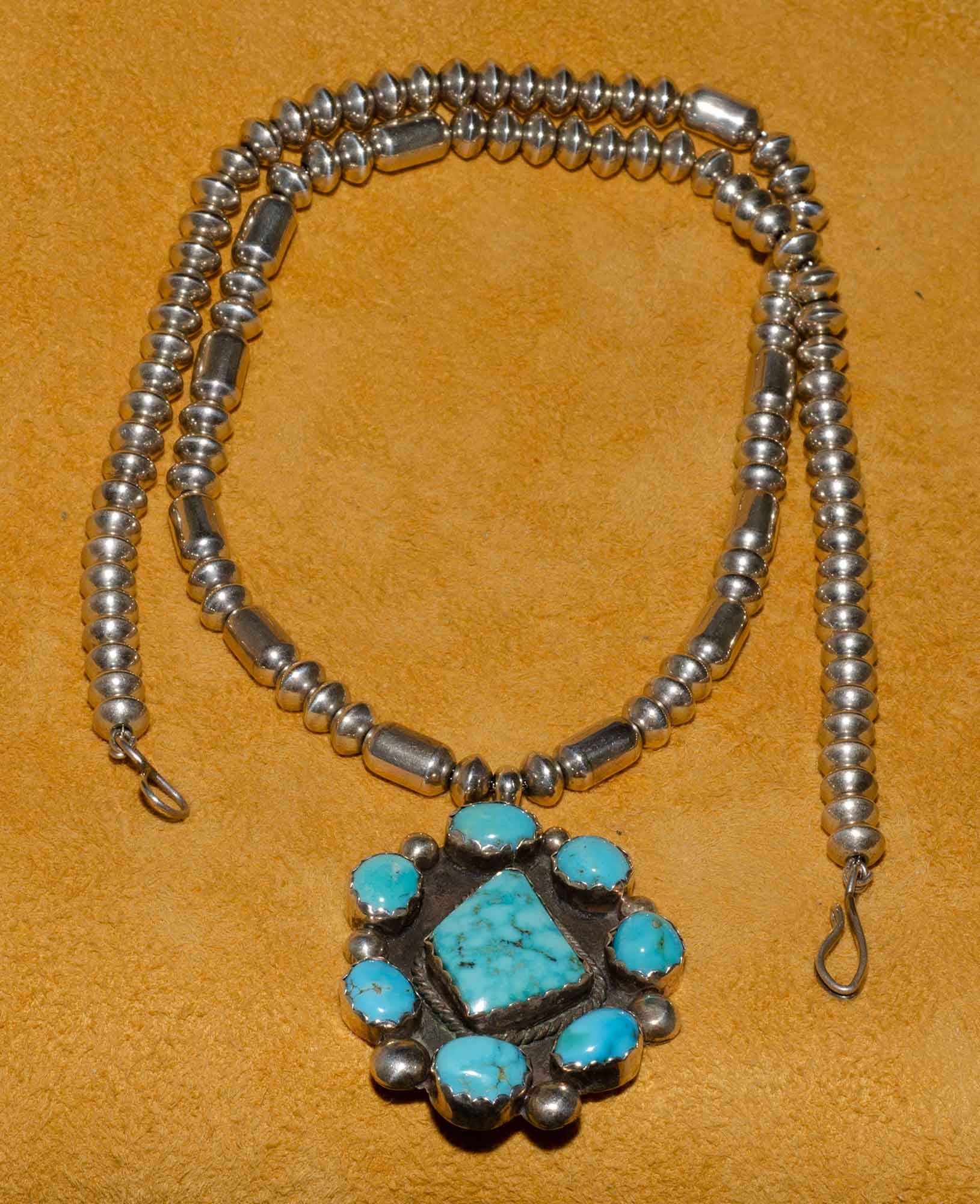 Turquoise Flower Silver Bead Necklace
